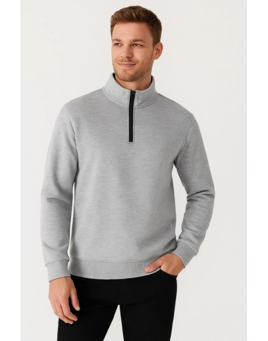 Erkek Dik Yaka Sweatshirt Dik Yaka Yarım Fermuarlı 3 İplik Şardonlu Pamuk Kumaş - Gri