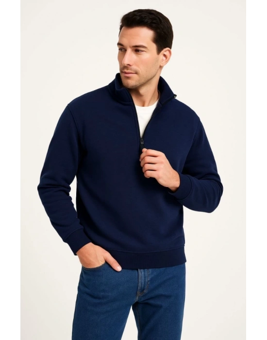 Erkek Dik Yaka Sweatshirt Dik Yaka Yarım Fermuarlı 3 İplik Şardonlu Pamuk Kumaş - Lacivert
