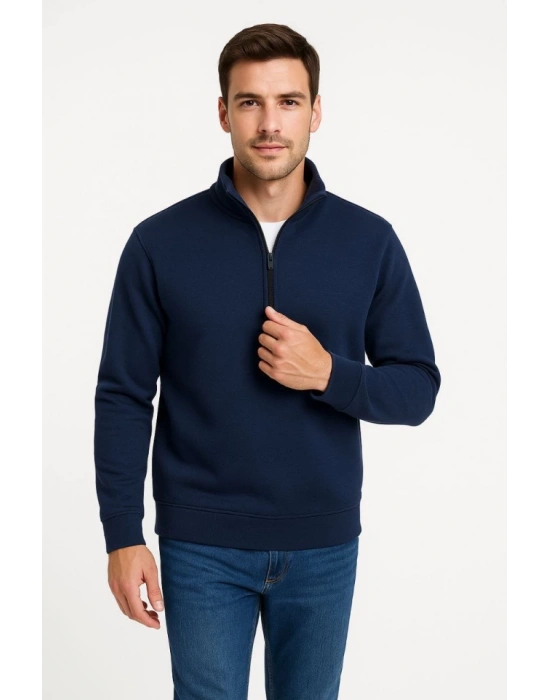 Erkek Dik Yaka Sweatshirt Dik Yaka Yarım Fermuarlı 3 İplik Şardonlu Pamuk Kumaş - Lacivert