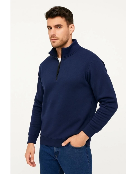 Erkek Dik Yaka Sweatshirt Dik Yaka Yarım Fermuarlı 3 İplik Şardonlu Pamuk Kumaş - Lacivert