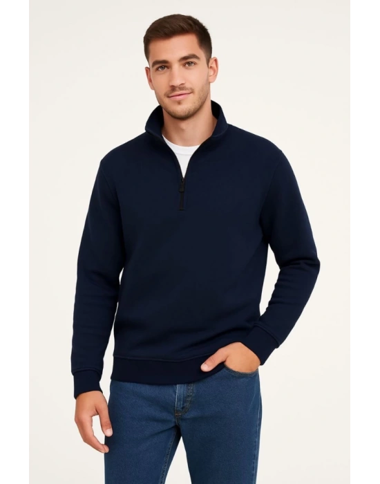 Erkek Dik Yaka Sweatshirt Dik Yaka Yarım Fermuarlı 3 İplik Şardonlu Pamuk Kumaş - Lacivert