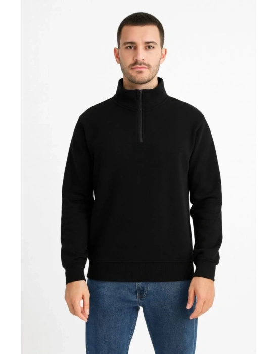 Erkek Dik Yaka Sweatshirt Dik Yaka Yarım Fermuarlı 3 İplik Şardonlu Pamuk Kumaş - Siyah