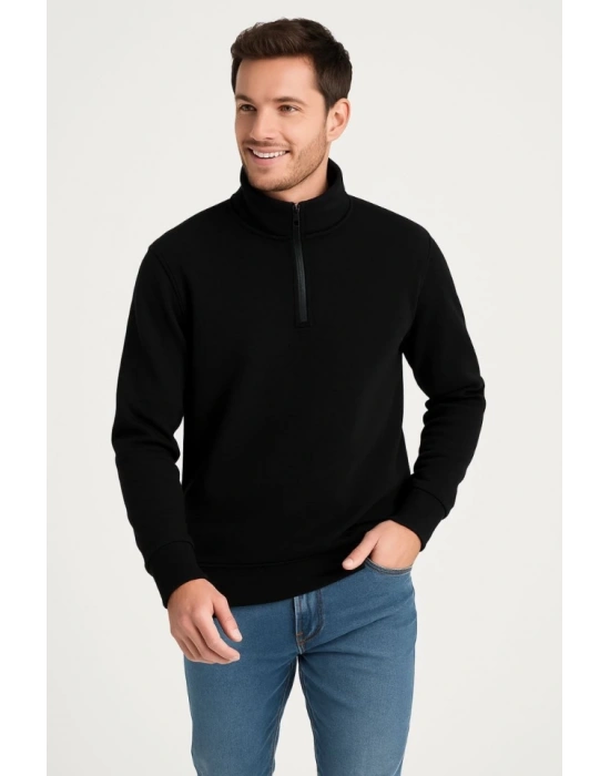 Erkek Dik Yaka Sweatshirt Dik Yaka Yarım Fermuarlı 3 İplik Şardonlu Pamuk Kumaş - Siyah