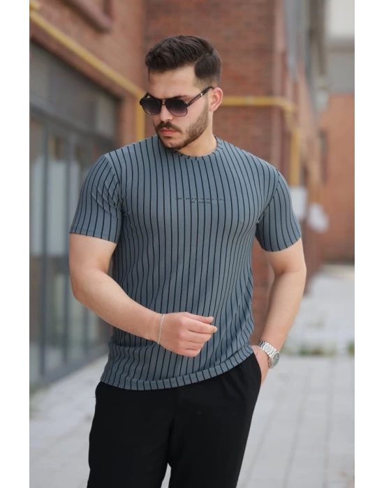 Erkek Dikey çizgili Ottoman Kumaş Kısa Kollu T-shirt