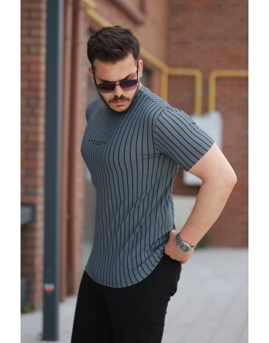 Erkek Dikey çizgili Ottoman Kumaş Kısa Kollu T-shirt