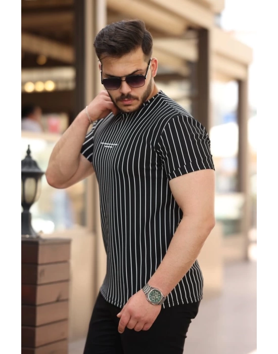 Erkek Dikey çizgili Ottoman Kumaş Kısa Kollu T-shirt