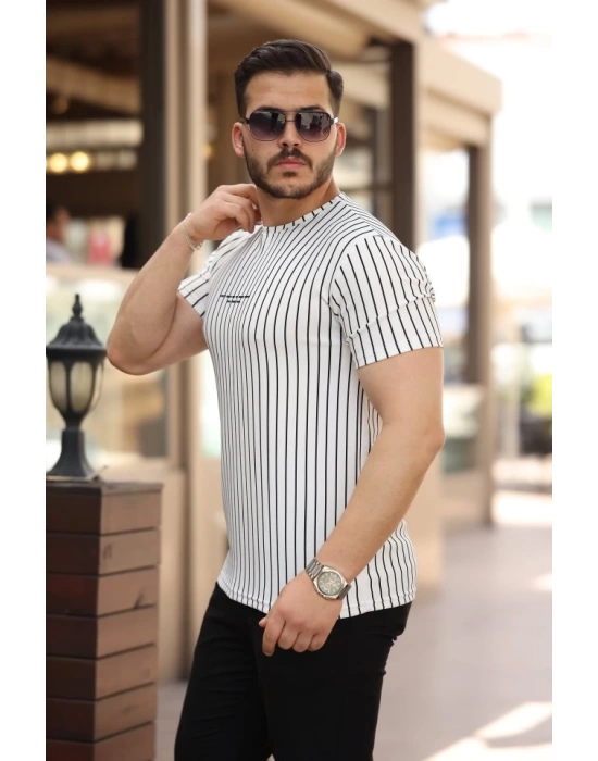 Erkek Dikey çizgili Ottoman Kumaş Kısa Kollu T-shirt