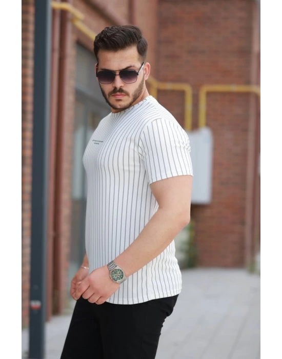 Erkek Dikey çizgili Ottoman Kumaş Kısa Kollu T-shirt