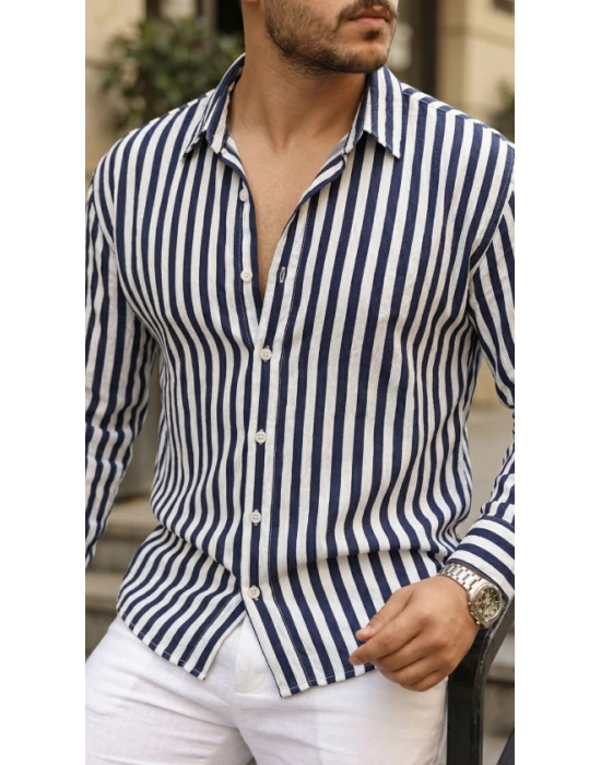 Erkek Dikey Çizgili Yarım Oversize Gömlek