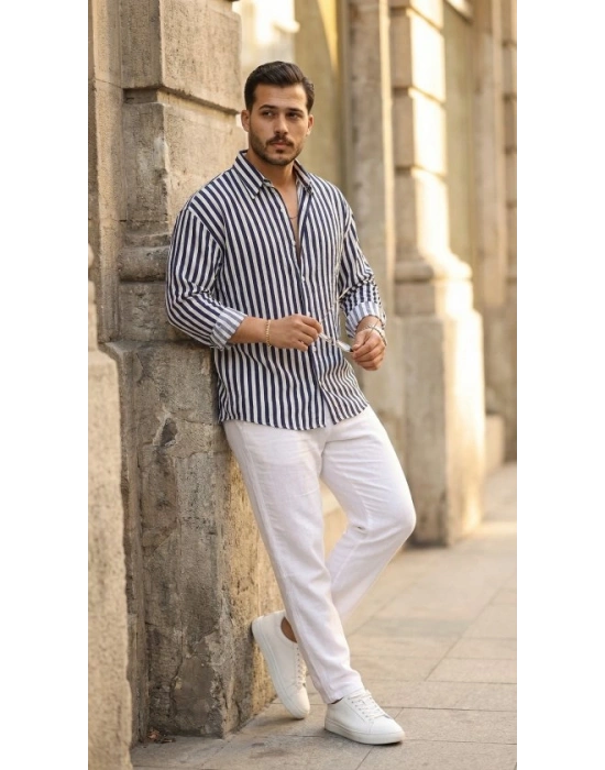 Erkek Dikey Çizgili Yarım Oversize Gömlek