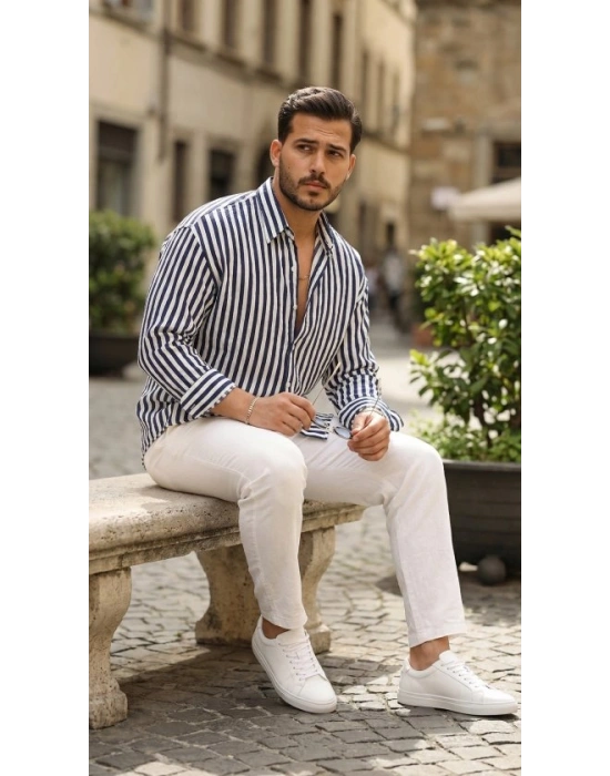 Erkek Dikey Çizgili Yarım Oversize Gömlek