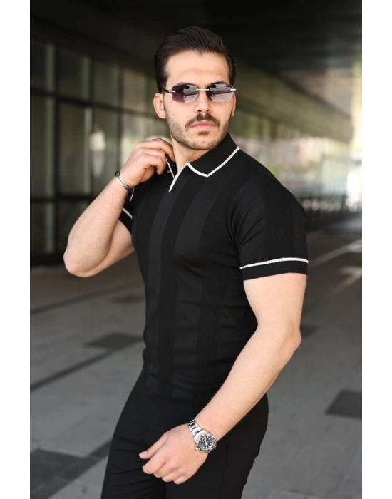 Erkek Dokulu Desen Yakalı Kısa Kollu Tişört