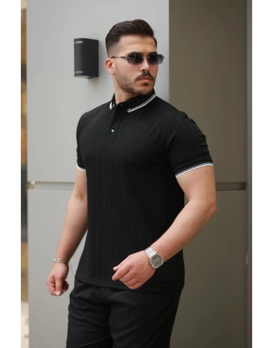 Erkek Düğme Yakalı Jakar Kumaş Kısa Kollu Tişört