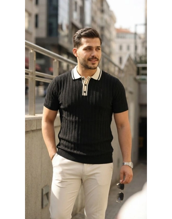 Erkek Düğme Yakalı Kontrast Yaka Triko Tişört