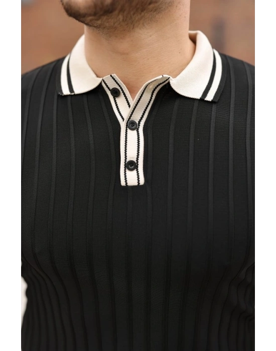 Erkek Düğme Yakalı Kontrast Yaka Triko Tişört