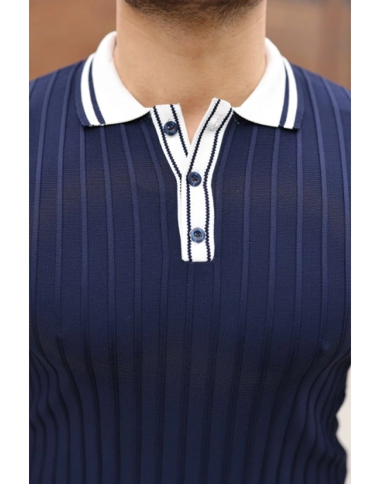 Erkek Düğme Yakalı Kontrast Yaka Triko Tişört