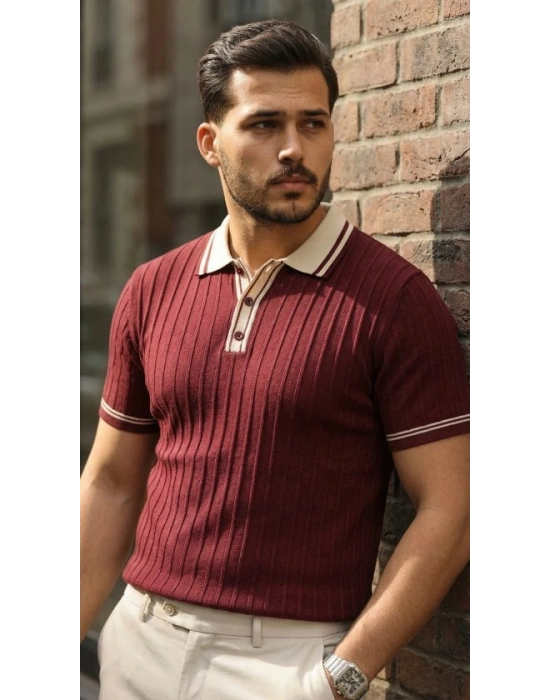 Erkek Düğme Yakalı Kontrast Yaka Triko Tişört