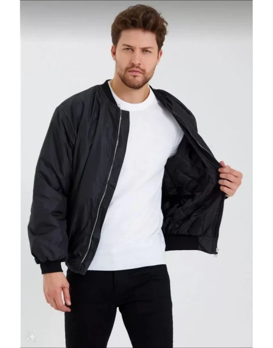 Erkek Düz Bomber Ceket - Siyah