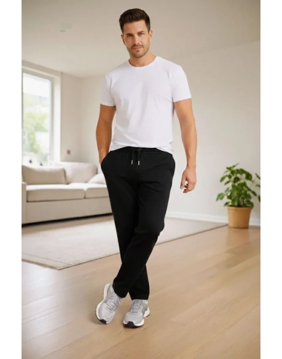 Erkek Düz Paça Beli Lastikli İpli Günlük Spor Eşofman Altı Rahat Fit - Siyah