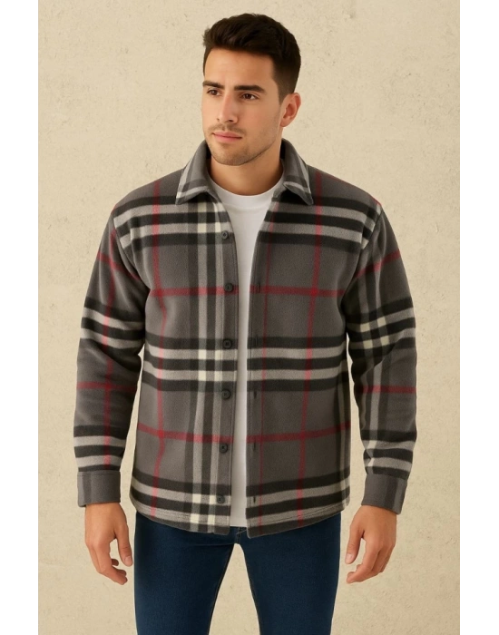 Erkek Ekose Desenli Düğmeli Polar Yakalı Uzun Kollu Gömlek Oversize Rahat Kalıp - Füme