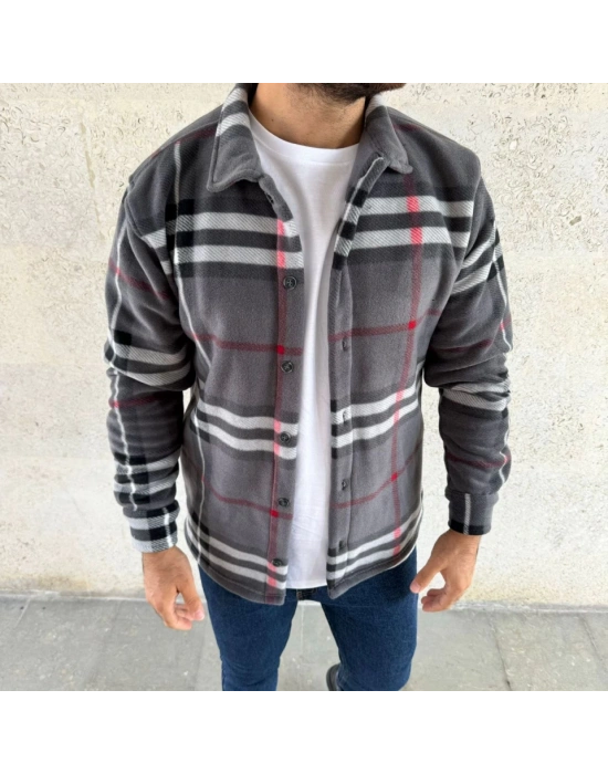 Erkek Ekose Desenli Düğmeli Polar Yakalı Uzun Kollu Gömlek Oversize Rahat Kalıp - Füme