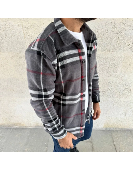 Erkek Ekose Desenli Düğmeli Polar Yakalı Uzun Kollu Gömlek Oversize Rahat Kalıp - Füme