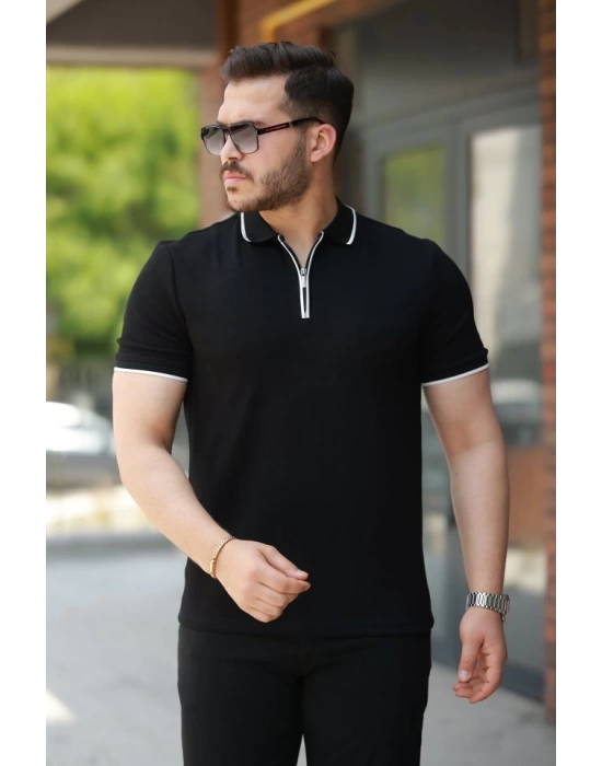 Erkek Fermuar Yakalı çizgi Detaylıkısa Kollu Tişört