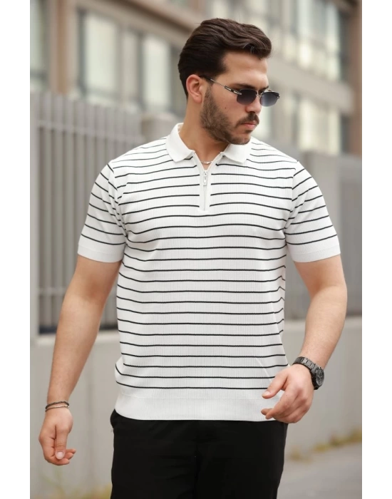 Erkek Fermuar Yakalı çizgili Kısa Kollu T-shirt
