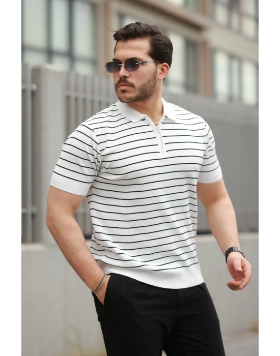 Erkek Fermuar Yakalı çizgili Kısa Kollu T-shirt