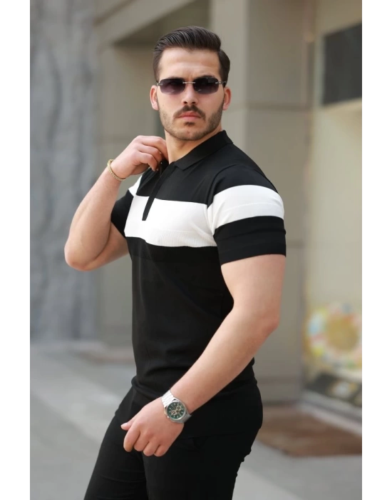 Erkek Fermuar Yakalı şerit Renk Desenli Kısa Kollu Tişört