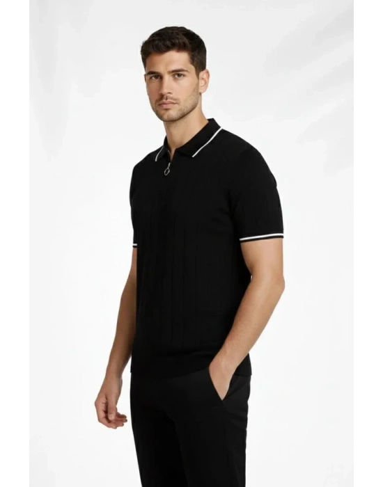 Erkek Fermuarlı Yaka Fitilli Triko Kısa Kollu Regular Fit Tişört T-shirt - Siyah