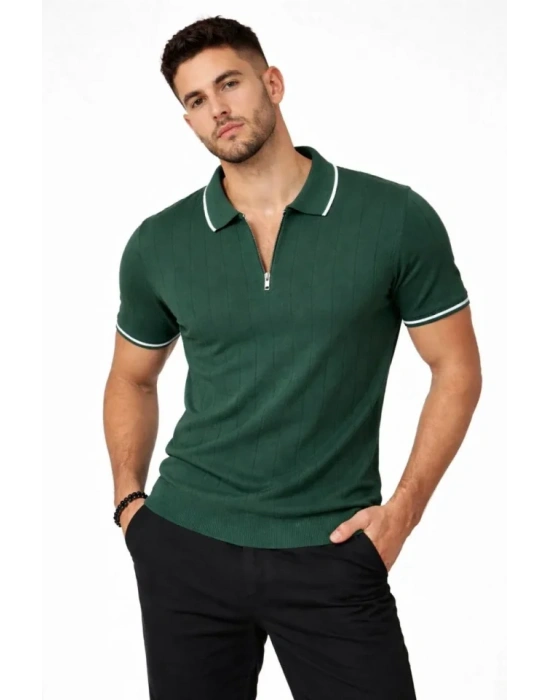 Erkek Fermuarlı Yaka Fitilli Triko Kısa Kollu Regular Fit Tişört T-shirt - Yeşil