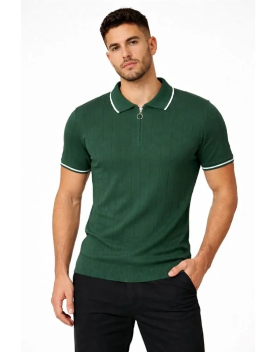 Erkek Fermuarlı Yaka Fitilli Triko Kısa Kollu Regular Fit Tişört T-shirt - Yeşil