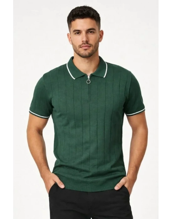 Erkek Fermuarlı Yaka Fitilli Triko Kısa Kollu Regular Fit Tişört T-shirt - Yeşil