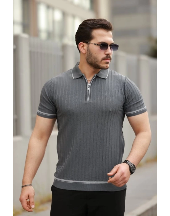 Erkek Fermuarlı Yakalı Kısa Kollu T-shirt