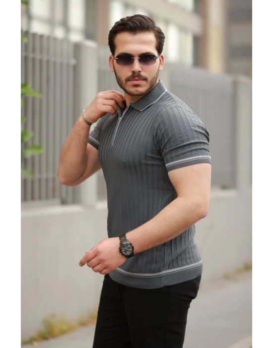 Erkek Fermuarlı Yakalı Kısa Kollu T-shirt