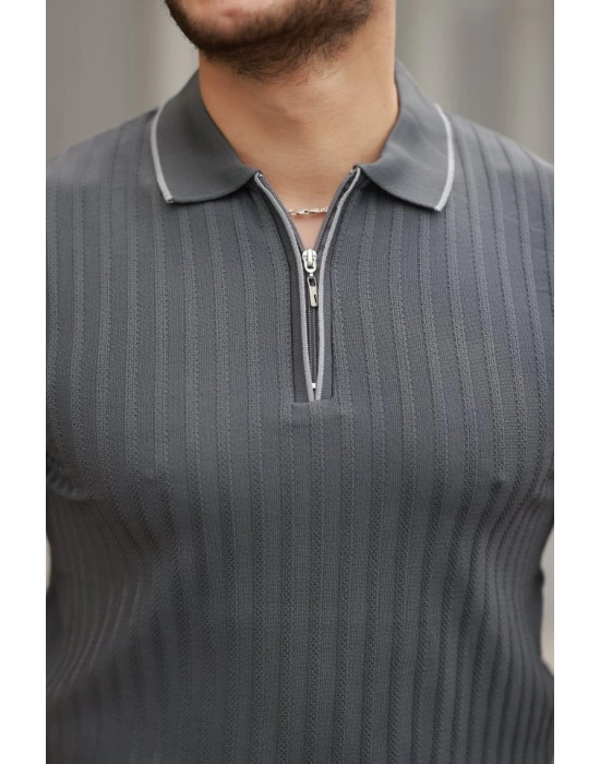 Erkek Fermuarlı Yakalı Kısa Kollu T-shirt