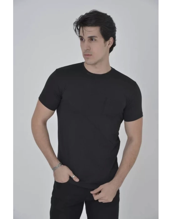 Erkek File Cepli Slim Fit T-shirt - Siyah
