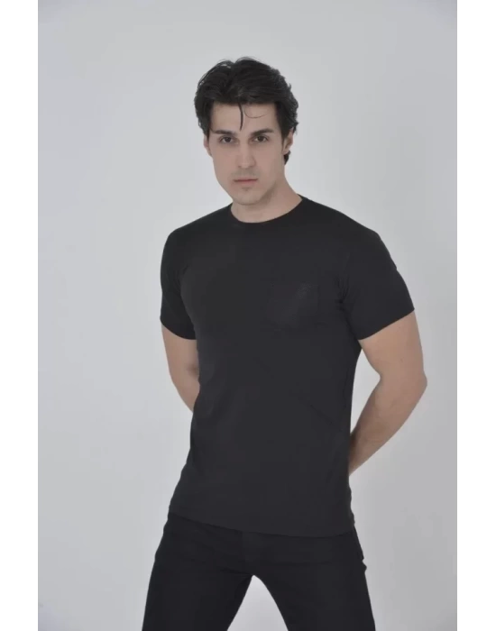 Erkek File Cepli Slim Fit T-shirt - Siyah