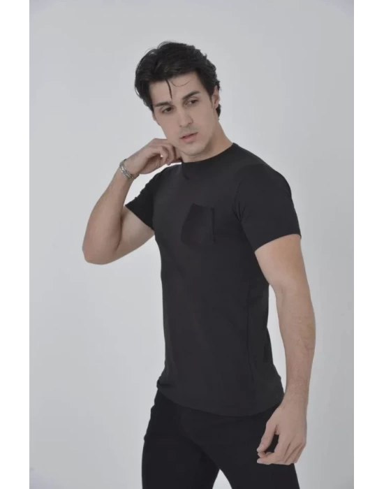 Erkek File Cepli Slim Fit T-shirt - Siyah