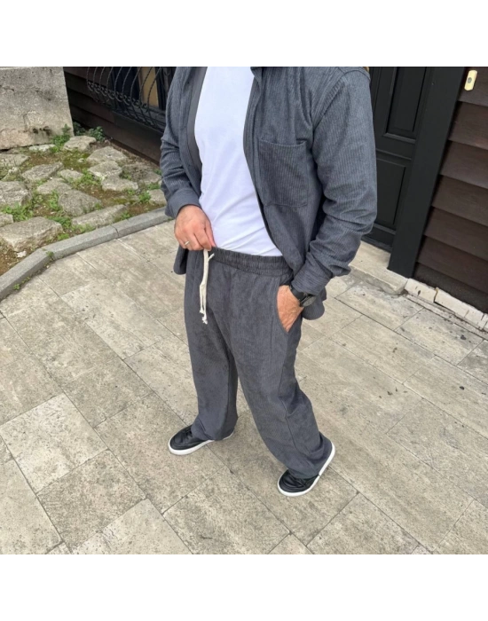 Erkek Fitilli Kadife Cepli Buggy Pantolon Oversize Rahat Kalıp - Füme