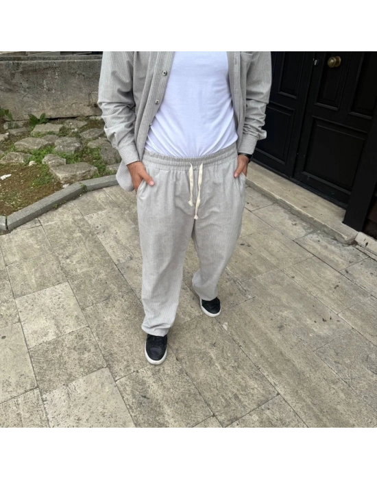 Erkek Fitilli Kadife Cepli Buggy Pantolon Oversize Rahat Kalıp - Gri