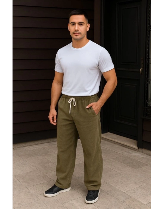 Erkek Fitilli Kadife Cepli Buggy Pantolon Oversize Rahat Kalıp - Haki