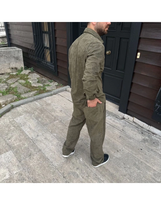 Erkek Fitilli Kadife Cepli Buggy Pantolon Oversize Rahat Kalıp - Haki