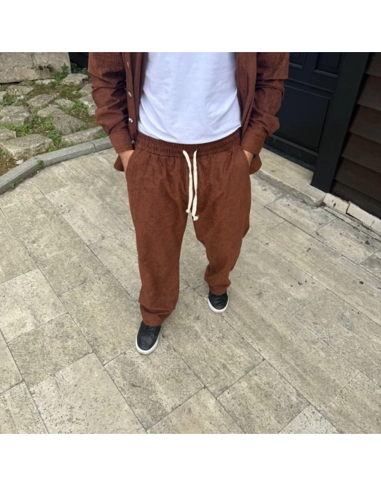 Erkek Fitilli Kadife Cepli Buggy Pantolon Oversize Rahat Kalıp - Kahverengi