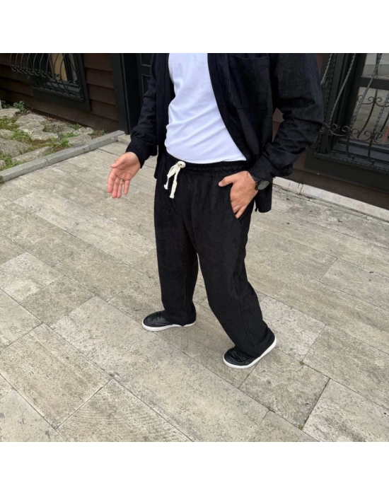 Erkek Fitilli Kadife Cepli Buggy Pantolon Oversize Rahat Kalıp - Siyah