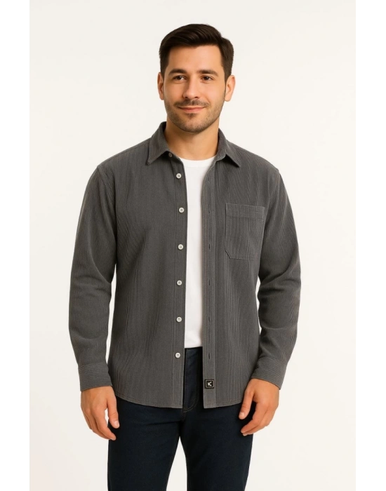 Erkek Fitilli Kadife Cepli Gömlek Oversize Rahat Kalıp - Füme