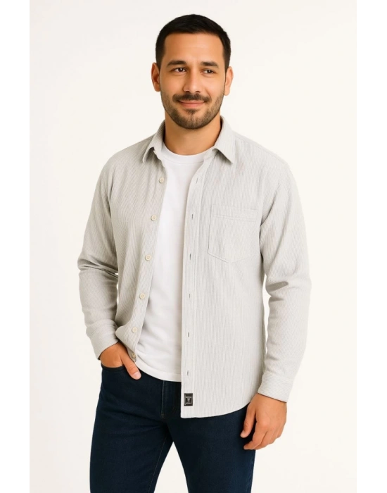 Erkek Fitilli Kadife Cepli Gömlek Oversize Rahat Kalıp - Gri