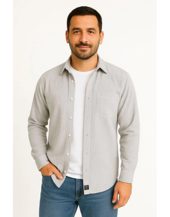 Erkek Fitilli Kadife Cepli Gömlek Oversize Rahat Kalıp - Gri