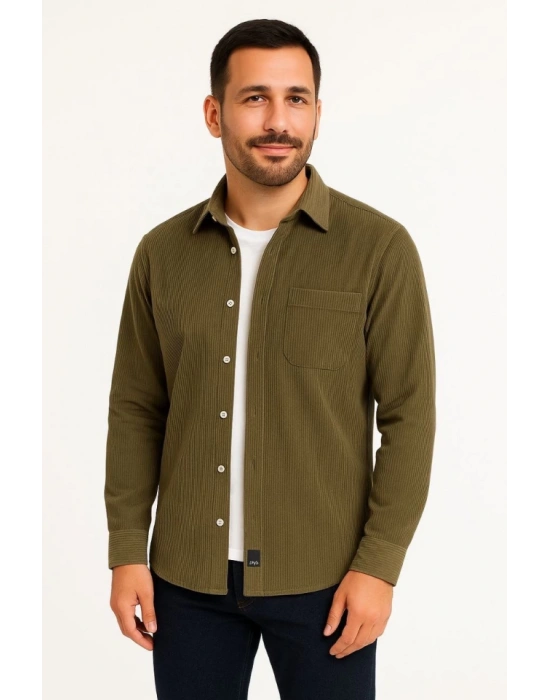Erkek Fitilli Kadife Cepli Gömlek Oversize Rahat Kalıp - Haki